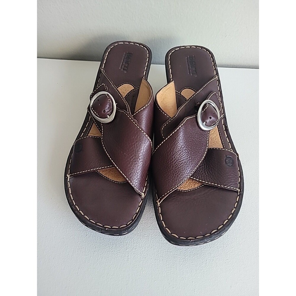 Born Dark Brown Leather Wedge Sandals - Picture 4 of 9